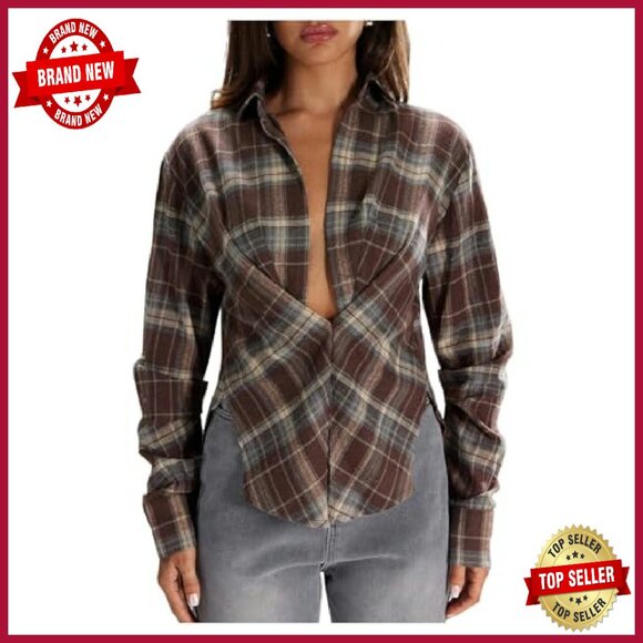 Soft Plaid Button Down Blouse Long Sleeve Loose Fit Casual Top - Picture 2 of 6